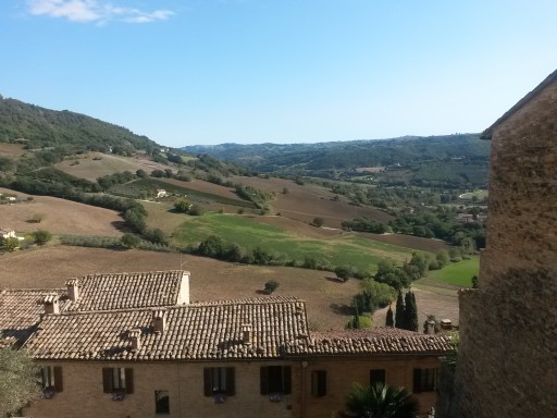 Colline oltre i tetti. Il borgo è su più livelli e lo sguardo raggiunge facilmente colline coltivate e boschi